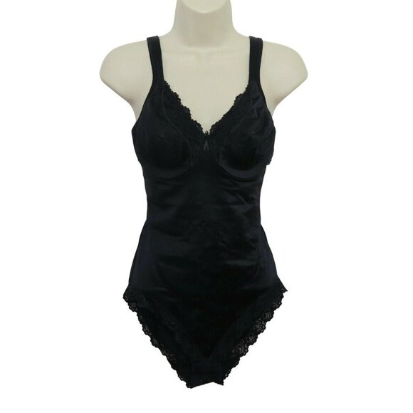 VTG Vanity Fair 857-036 Womens 36B Black Lace Trim Underwire Bodysuit Shapewear - Picture 1 of 10
